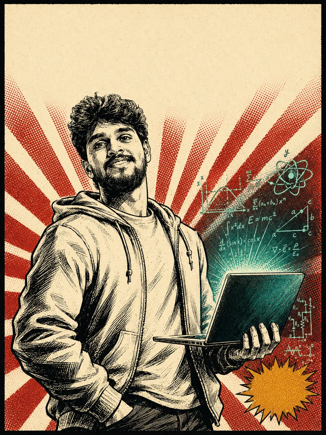 Comic-style ink illustration of Ashfak Nawshad in a hoodie, holding an open laptop that glows with floating math and physics equations, standing in front of a crimson sunburst halftone background.